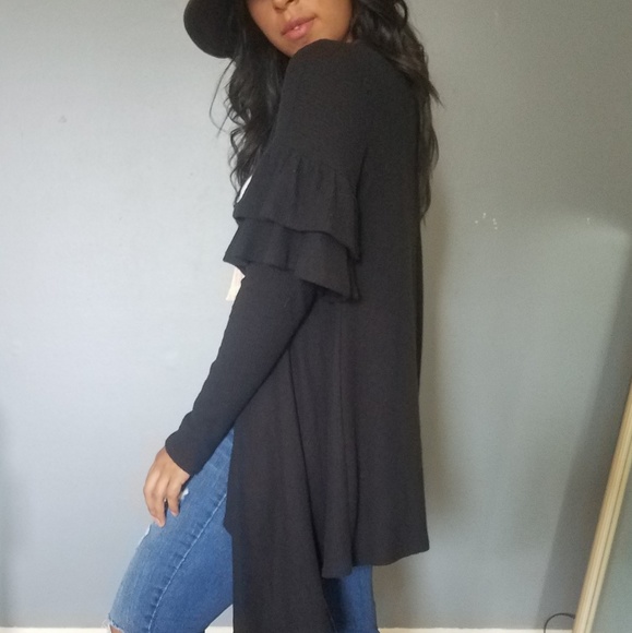 LAST ONE//RUFFLE ME UP BLACK RIBBED OPEN CARDIGAN - Picture 4 of 7